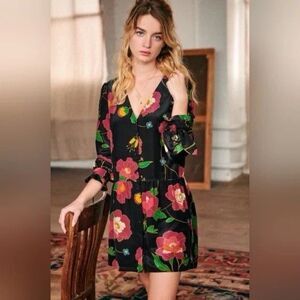 Sezane Silk Mini Dress Womens 36 US 4 Black Floral Button Front Parisian